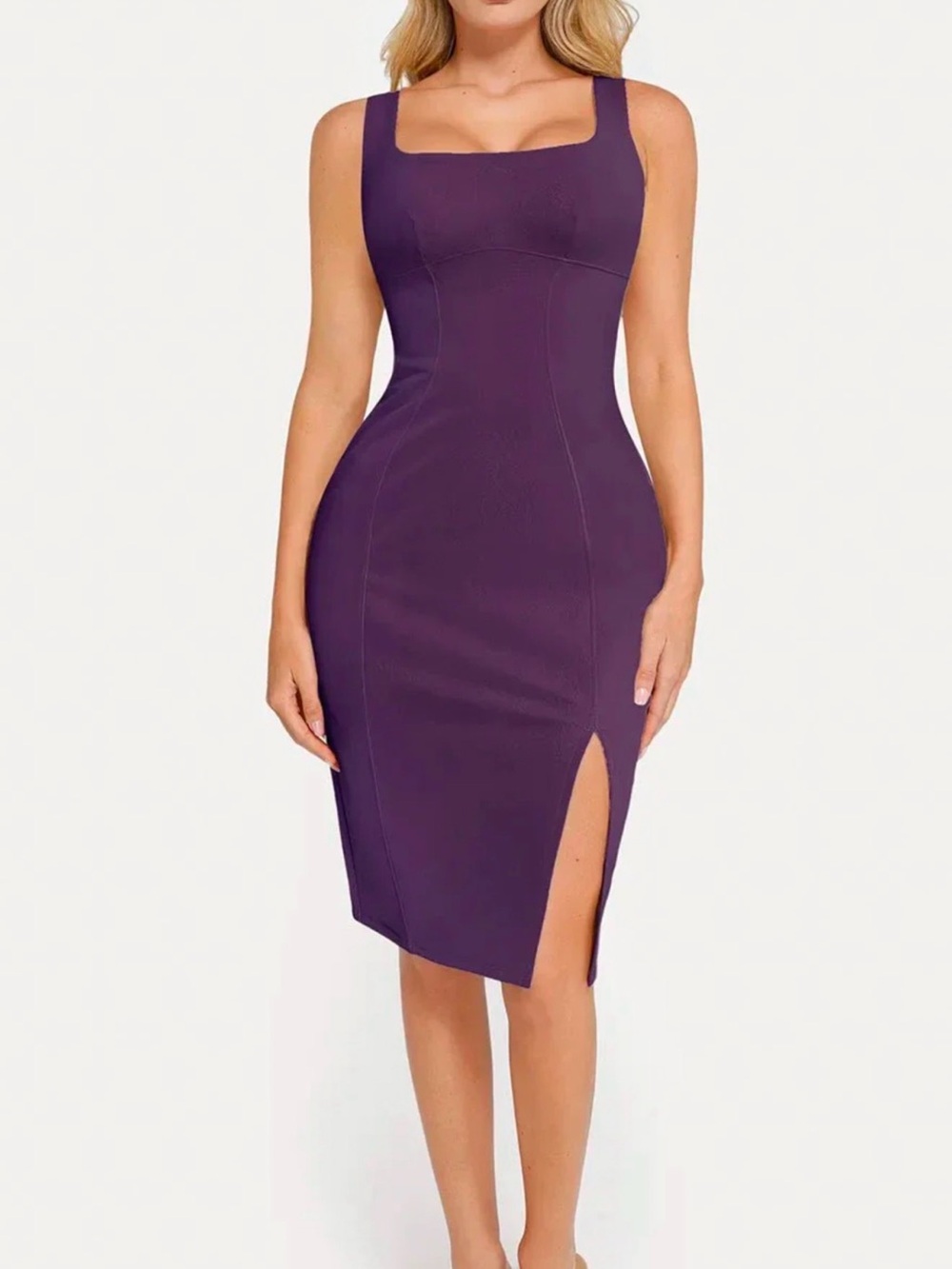 Elegant Purple Square-Neck Midi Dress with Front Slit